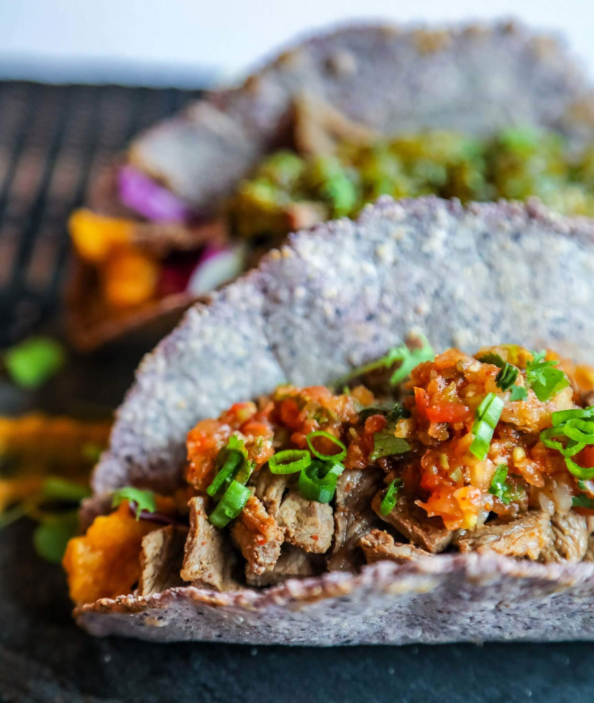 marinated bison steak taco