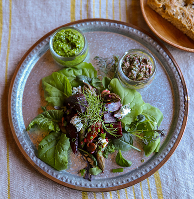 beet green and carrot top pesto with roasted beet and goat cheese salad